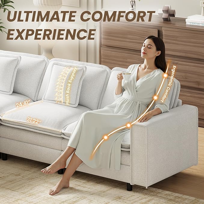 MALOL Modular Sectional Sofa 107", Comfy Cloud Couch with Ottoman, Deep 4-Seat L Shaped Modular Sofa, Couches with Throw Pillows for Living Room, Beige