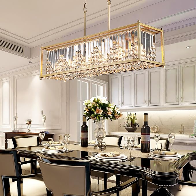 Q&S Modern Rectangular Crystal Chandelier,Gold Rectangle Chandeliers for Dining Room Luxury 6 Lights for Kitchen Island Bar Living Room Pool Table Hotel Office Restaurant L37.5 UL Listed
