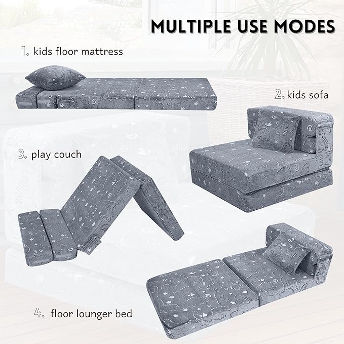 MeMoreCool Kids Floor Mattress Glow in The Dark, Convertible Sofa Couch, Folding Futon Chair Bed for Kids Playroom (Glowing Dinosaur)