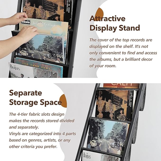 Keebofly Vinyl Record Storage, Record Holder Up to 100 Albums, Record Stand with 4 Tier Vinyl Holder Display Shelf, Movable Vinyl Storage Organizer Rack, Record Cabinet for Book Magazine Turntable