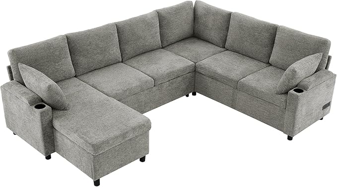 ERYE U Shaped Pull Out Sleeper Sectional Sofa Bed Modern Corner Convertible Sleeper Couch with Left Facing Storage Chaise, Cupholders, Charging Ports and Armrests Storage