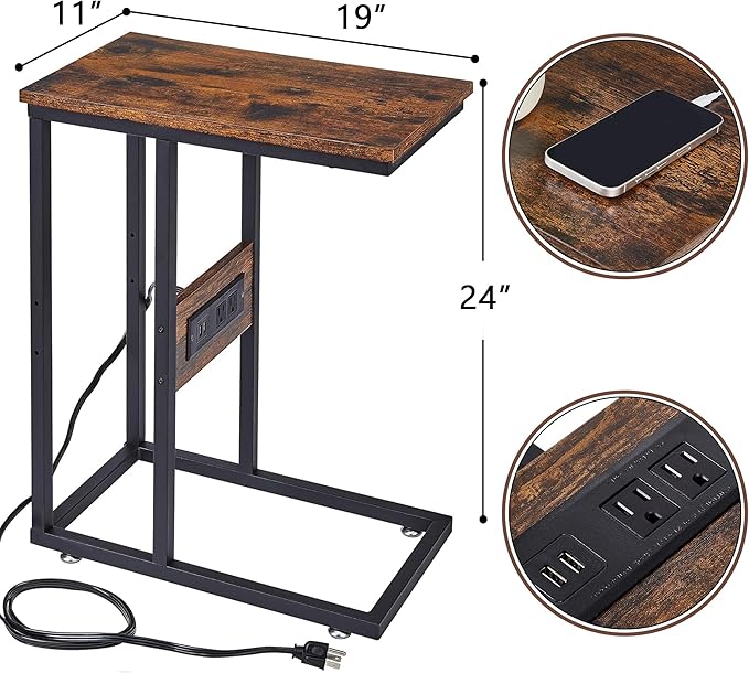 VECELO C-Shaped End Side Table with Charging Station & 2 USB Ports and Outlets for Living Room, Bedroom, with Adjustable Feet for Couch Sofa, Bedside, Small Spaces， Brown
