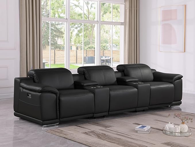 Blackjack Furniture Venice Top Grain Italian Leather Power Recline 5 Piece Sofa - 134" Theater Seating Modern Couch for Living Room Apartment Lounge Home with Adjustable Headrests & USB Port, Black