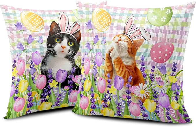 Spring Easter Pillow Covers 20x20 Set of 2 Lovely Cow Cat and Ginger Cat Wearing Bunny Ears Throw Pillow Covers Tulip Floral Pillow Case for Easter Decoration Sofa Patio Garden