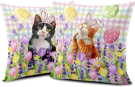Spring Easter Pillow Covers 16x16 Set of 2 Lovely Cow Cat and Ginger Cat Wearing Bunny Ears Throw Pillow Covers Tulip Floral Pillow Case for Easter Decoration Sofa Patio Garden