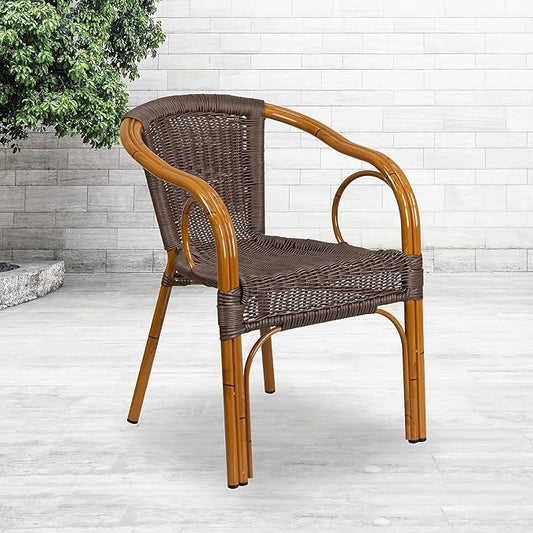 Flash Furniture 3 Pack Cadiz Series Dark Brown Rattan Restaurant Patio Chair with Red Bamboo-Aluminum Frame