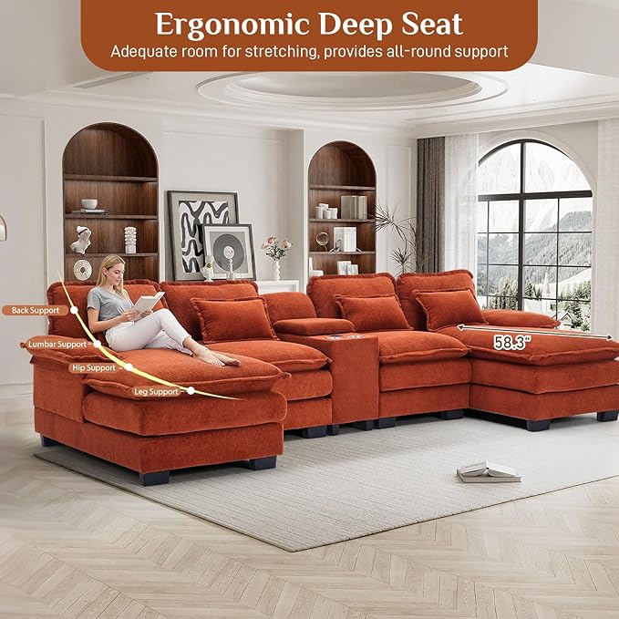 133" Oversized U Shaped Cloud Couch Modular Sectional Couches for Living Room Comfy Chenille Deep Seat Sofa Set with Double Chaise Lounge, Storage Central Console, Cup Holders, USB Port, Orange