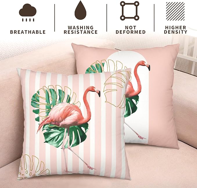 Pink Flamingo Throw Pillow Covers 18x18 Inch Tropical Leaves Bird Pillow Cases Set of 2 Geometric Arch Vertical Stripes Modern Cushion Cover for Spring Summer Home Couch Sofa Decoration