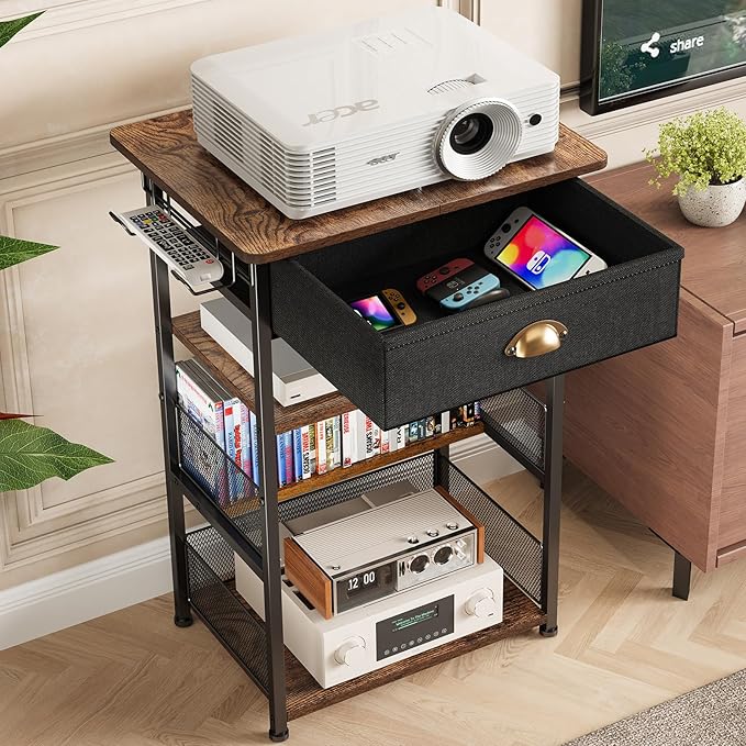 4-Tier AV Media Stand with Drawer, Video Game Console Shelf with 2 Hooks, Audio Rack Tower Perfect for/Xbox/ PS5/Switch/Game Consoles/DVD/Record Player/Projector/Sky Box/TV Accessories