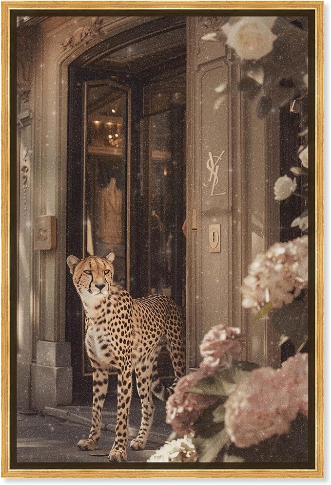 Art Remedy Cheetah at the Store Canvas Fashion Designer Wall Art, Gold Frame, 36" x 54"