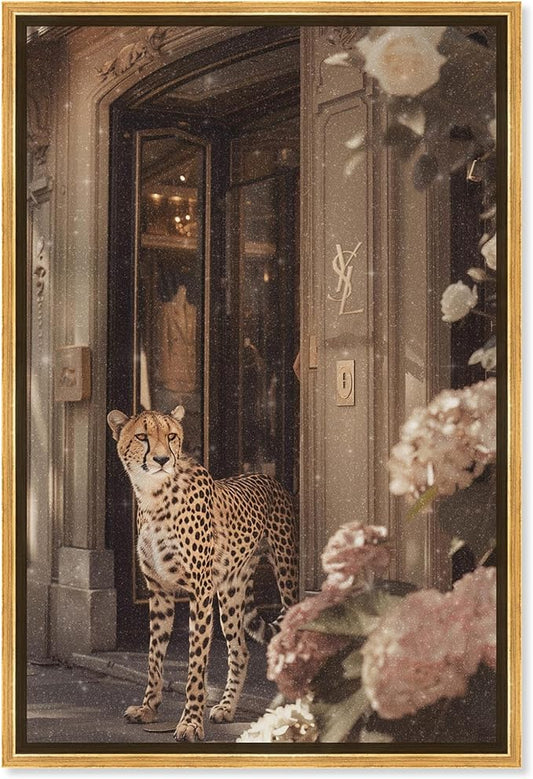 Art Remedy Cheetah at the Store Canvas Fashion Designer Wall Art, Gold Frame, 10" x 15"