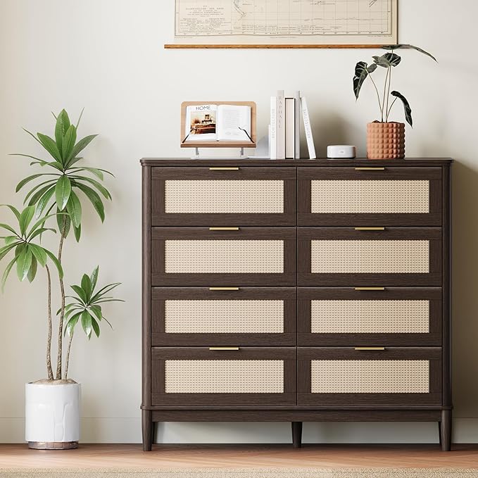 LINSY Rattan 8 Drawer Dresser for Bedroom, 47" Wide Mid-Century Modern Tall Chest of Drawers, Deep Storage Dresser with Curved Corner Design, Large Accent Wood Cabinet for Bedroom, Walnut