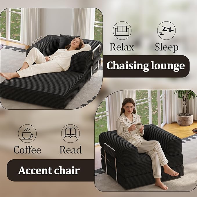 BSHOMGI Folding Sofa Bed, 2 in 1 Convertible Sofas Lounger Comfy Single Chair Teddy Fabric Compressed Couch,Boneless FoldingSleeper for Living Room, Guest Bed, Playroom (Black, 35.43" Single Sofa)