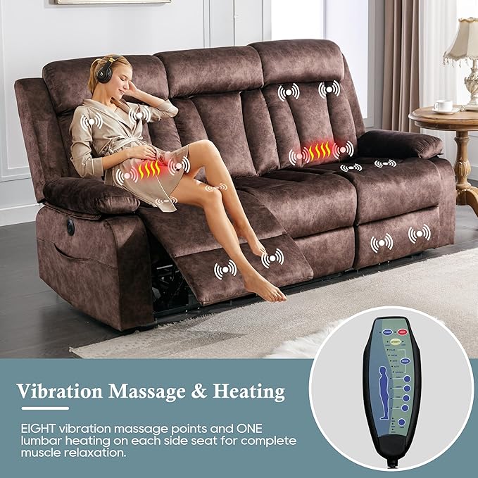 GUEAPY Power Reclining Sofa – 3 Seater Reclining Couch with Massage & Heat, Drop-Down Table, USB & Type-C Charging Ports, Cup Holders, Dutch Velvet,Power Sofa for RV，Media Room & Living Room