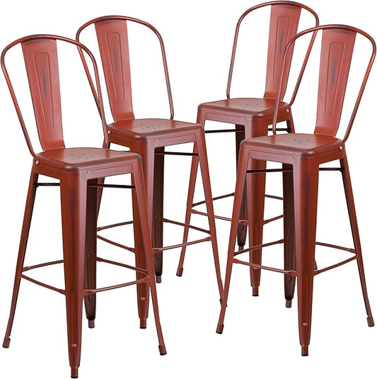 Flash Furniture Blake Commercial Grade 4 Pack 30" High Distressed Kelly Red Metal Indoor-Outdoor Barstool with Back