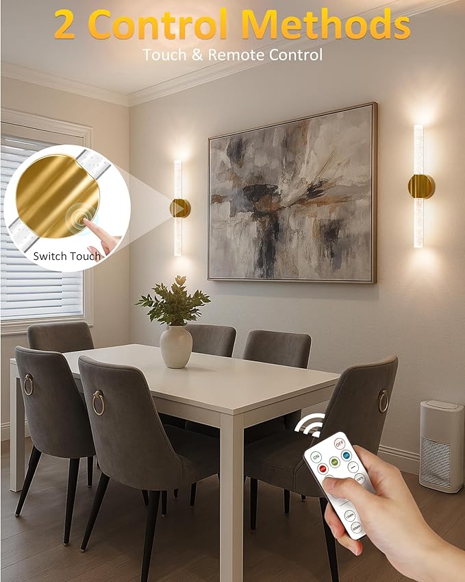 Peel and Stick on Wall Sconce set of 2, No Drill Gold Wireless Magnetic Battery Operated Wall Lights with Remote & Touch Control, Dimmable Cordless Wall Lamps for Bedroom Living Room Bathroom Decor