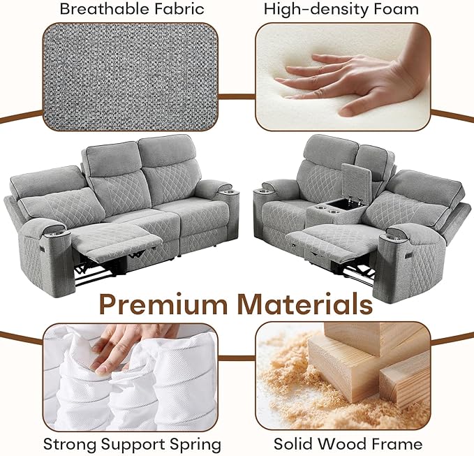 HAOMARKETS 3-Piece Power Recliner Sofa Set with Charging Port, Include Single Power Recliner Chair and 2 Electric 3-Seater Recliner Couches with Cup Holders for Living Room, Light Grey