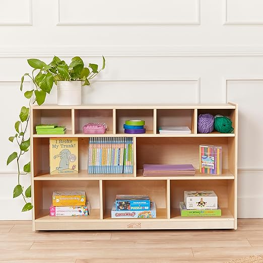 ECR4Kids 5+5 Cubby and Storage Mobile Tray Cabinet, Classroom Furniture, Natural