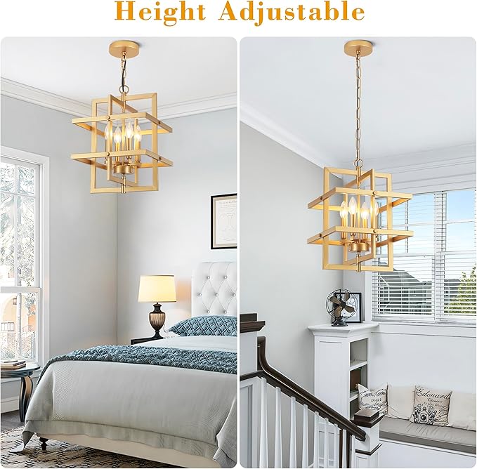 Gold Farmhouse Chandelier Modern Industrial Pendant Light Fixtures Brass Geometric Chandeliers for Dining Room Kitchen Island Entryway Foyer Bedroom Height Adjustable 4-Lights