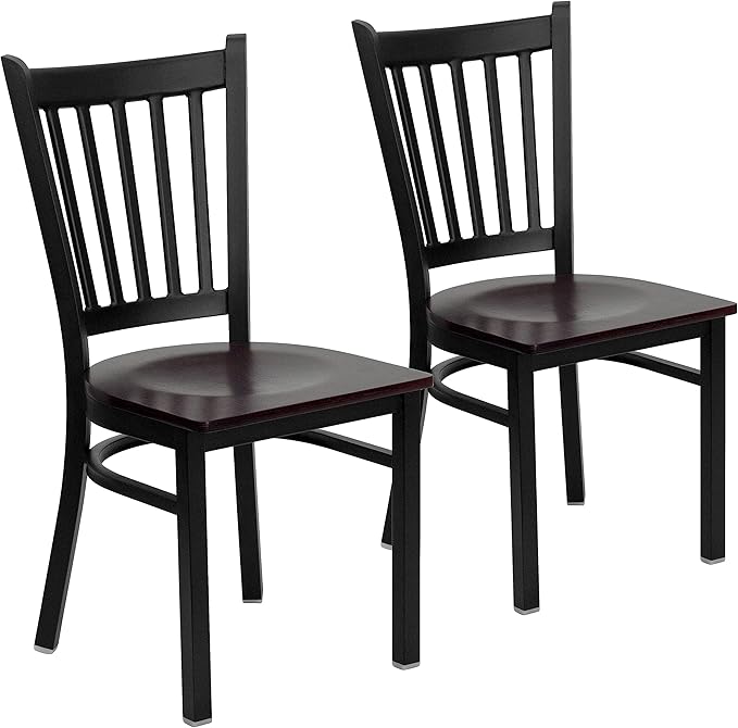Flash Furniture 2 Pk. HERCULES Series Black Vertical Back Metal Restaurant Chair - Mahogany Wood Seat