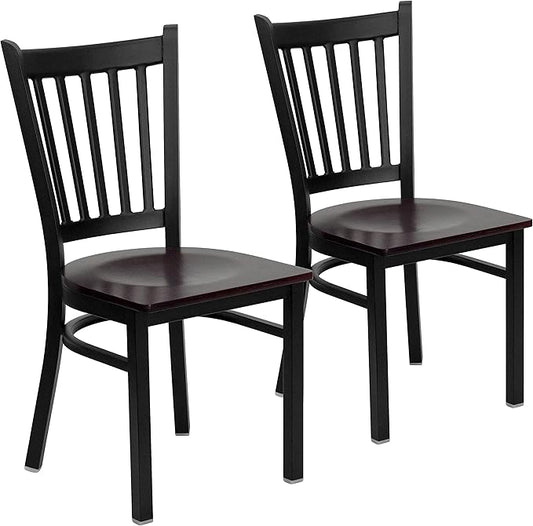 Flash Furniture 2 Pk. HERCULES Series Black Vertical Back Metal Restaurant Chair - Mahogany Wood Seat