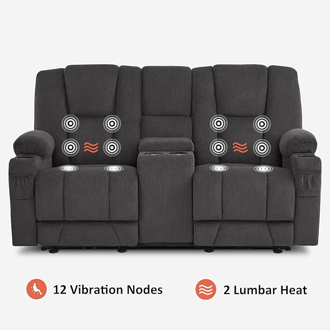 MCombo Zero Gravity Power Loveseat Sofa with Console, Heat and Massage, Reclining Loveseat for Living Room, Fabric 6035SET (Grey, Loveseat with Console)