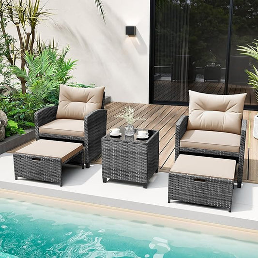 Tangkula 5 Pieces Patio Conversation Set, PE Wicker Rattan Outdoor Furniture Set with 2 Chairs, 2 Ottomans & Tempered Glass Coffee Table, Ideal for Poolside, Backyard, Lawn, Deck, Mix Grey & Beige
