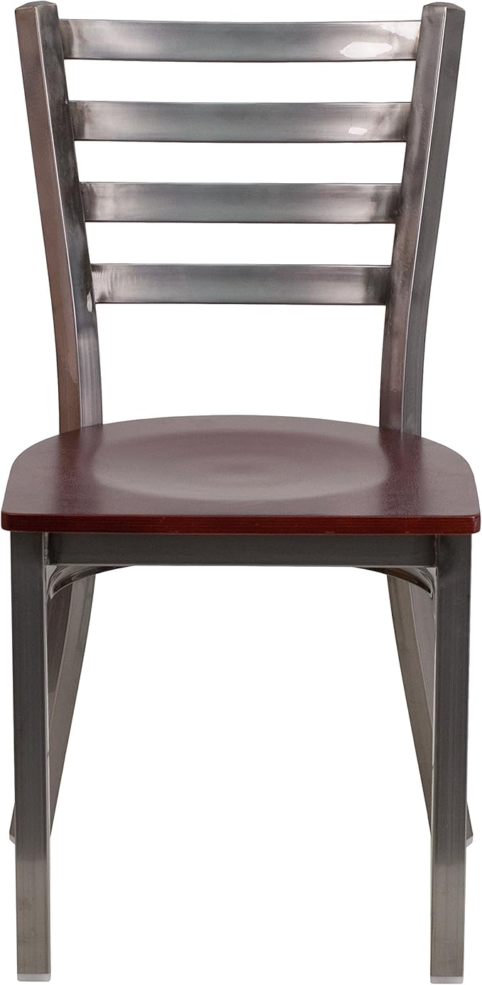 Flash Furniture HERCULES Series Clear Coated Ladder Back Metal Restaurant Chair - Mahogany Wood Seat