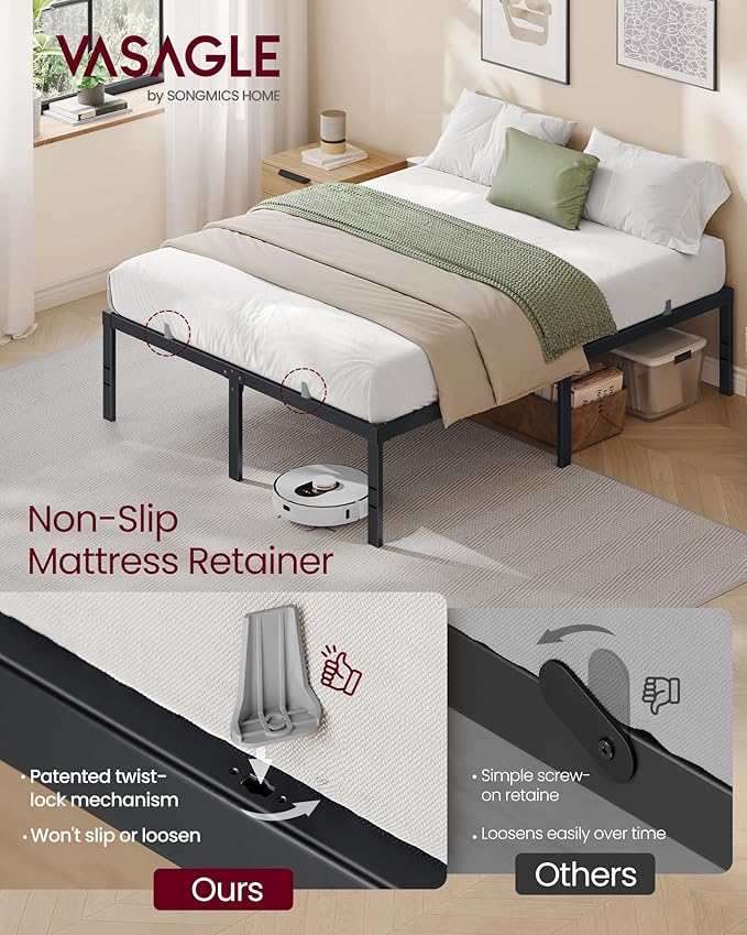 VASAGLE Full Metal Bed Frame 16 Inches Tall, 1100 lb Weight Capacity, No Box Spring Needed, with Under-Bed Storage, Easy Setup, Heavy-Duty Platform Bed, Mattress Retainers, Matte Black URMB662BD02S