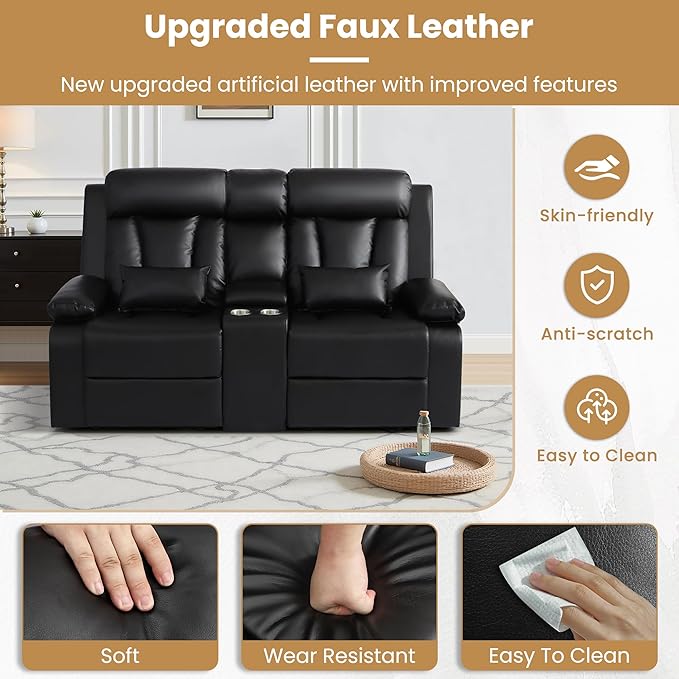 Power Reclining Loveseat with Console and Cup Holders,Leather Electric Recliner Sofa with USB & Type-C Ports, Storage Armrest and Lumbar Pillow,Wall Hugger Couch for Living Room RV (Black, 2 Seats)