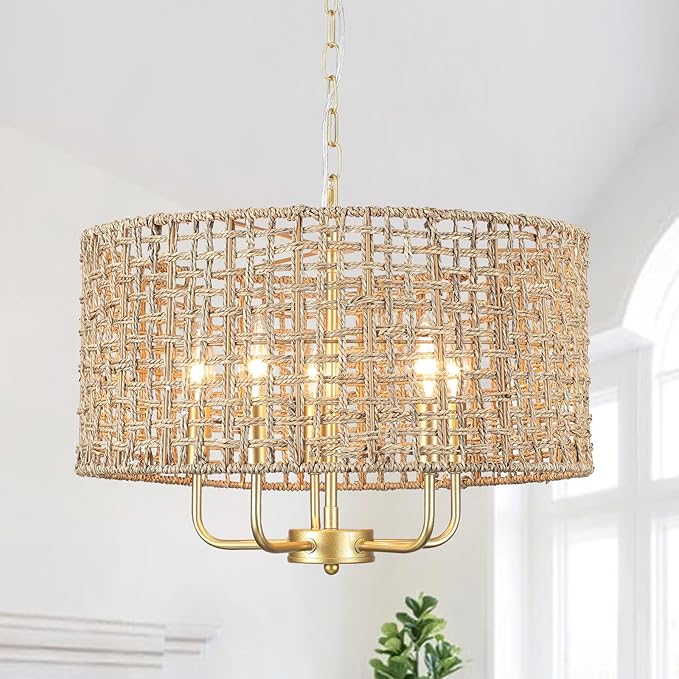 5-Light Gold Rattan Chandelier Large Hand Woven Farmhouse Chandelier with Wicker Shade Rustic Boho Pendant Light Fixtures Drum Chandeliers for Dining Room Kitchen Living Room Foyer Entryway Hallway