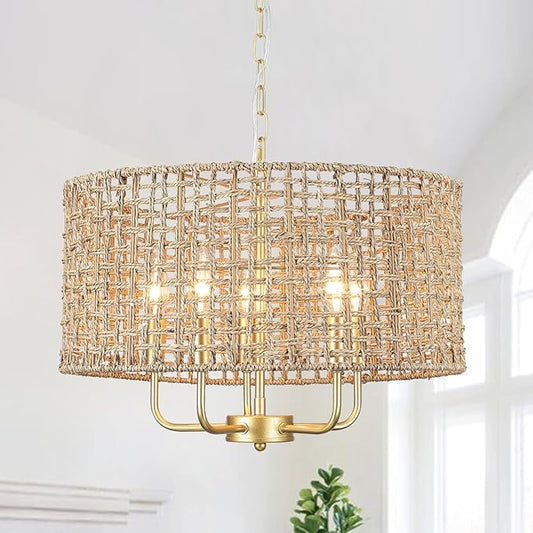 5-Light Gold Rattan Chandelier Large Hand Woven Farmhouse Chandelier with Wicker Shade Rustic Boho Pendant Light Fixtures Drum Chandeliers for Dining Room Kitchen Living Room Foyer Entryway Hallway