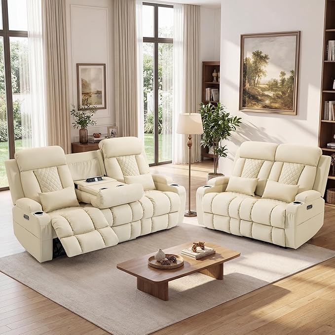 2-Piece Power Reclining Sofa Set, 3-Seater Sofa with Drop-Down Console & 2-Seater Loveseat, Zero Wall Hugger Electric Recliner Couch with Adjustable Headrest, AC Outlets (Light Beige, 3+2 Set)