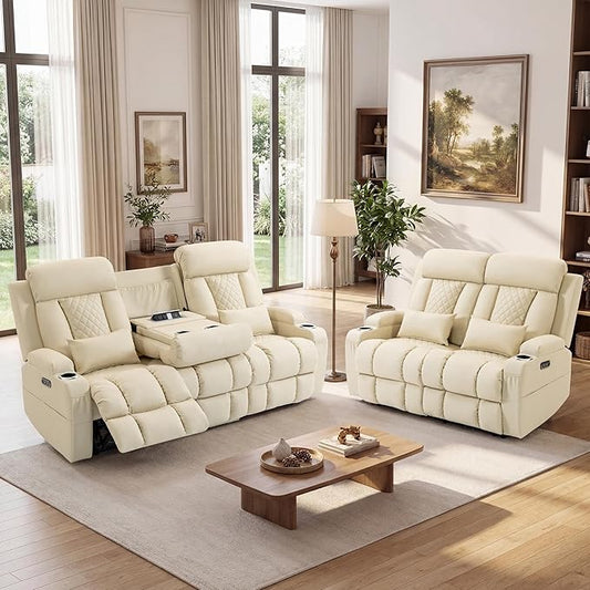 2-Piece Power Reclining Sofa Set, 3-Seater Sofa with Drop-Down Console & 2-Seater Loveseat, Zero Wall Hugger Electric Recliner Couch with Adjustable Headrest, AC Outlets (Light Beige, 3+2 Set)