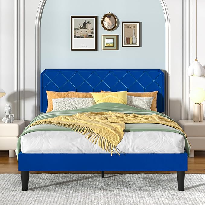 VECELO Queen Size Bed Frame, Velvet Upholstered Platform with Adjustable Headboard, Mattress Foundation with Solid Wood Slats, No Box Spring Needed, Easy Assembly