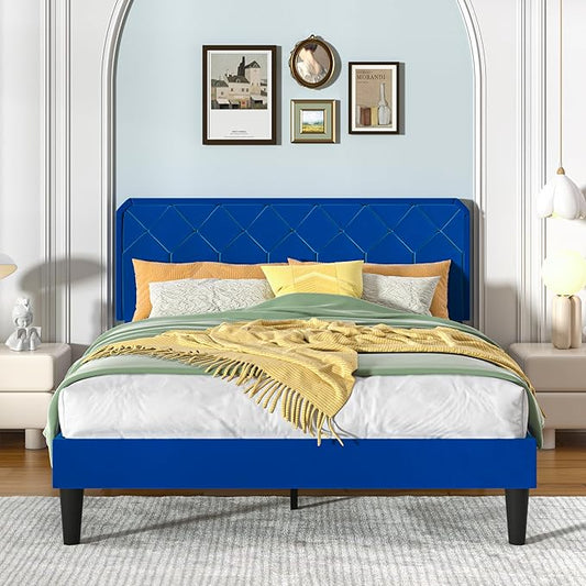 VECELO Queen Size Bed Frame, Velvet Upholstered Platform with Adjustable Headboard, Mattress Foundation with Solid Wood Slats, No Box Spring Needed, Easy Assembly