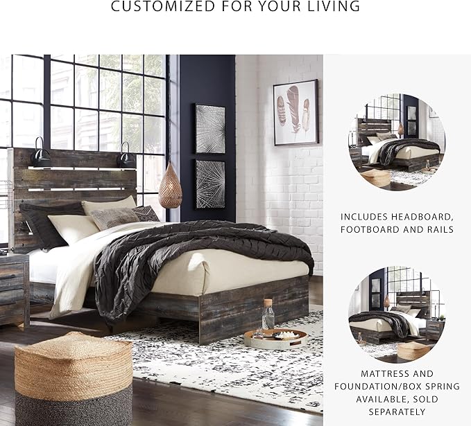 Signature Design by Ashley Drystan Rustic King Panel Bed with Sconce LED Lights, USB Ports and Nailheads, Foundation or Box Spring Needed, Dark Brown & Gray
