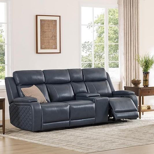 Watson & Whitely Genuine Leather Power Recliner Sofa with Console, 3 Seater Zero Gravity Reclining Sofa with Power Headrest & Flip Middle Backrest Table, Cup Holders for Living Room, Navy Blue