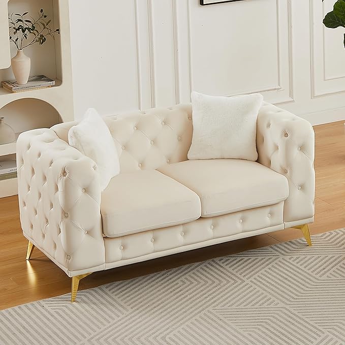 KEIKI 61" Luxury Oversized Velvet Chesterfield Sofa with 2 Pillows, Mid-Century Style 2-Seater Tufted Buttons Couch with High-Density Foam Cushions, Easy Assembly, for Apartment, Living Room, Beige