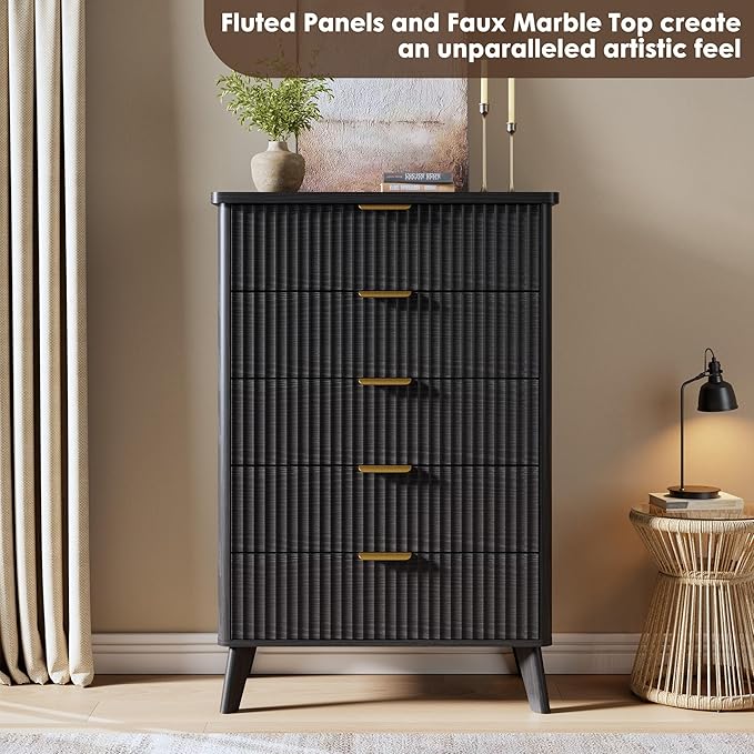 Garvee 5 Drawers Dresser for Bedroom, 47.2" Tall Dressers with Curved Profile Design, Fluted Wood Drawers with Gold Handle, Modern Chest of Dressers with Thickened Design for Living Room, Black