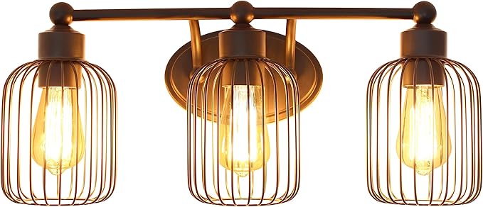 Elegant Designs VT1022-BLK 22" Industrial Farmhouse 3 Light Metal Birdcage Decorative Wall Mounted Vanity Fixture with Matching Metal Oval Backplate, Black
