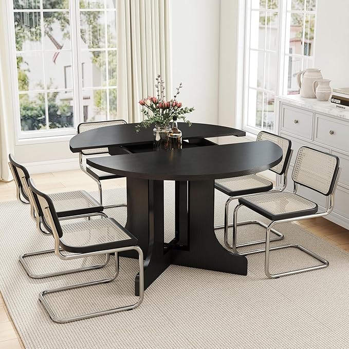 43"-59" Extendable Dining Room Table for 4-6, Expandable Round Dining Table, Oval Tabletop with Trestle X-Shaped Base & Metal Track for Office, Living Room-Black