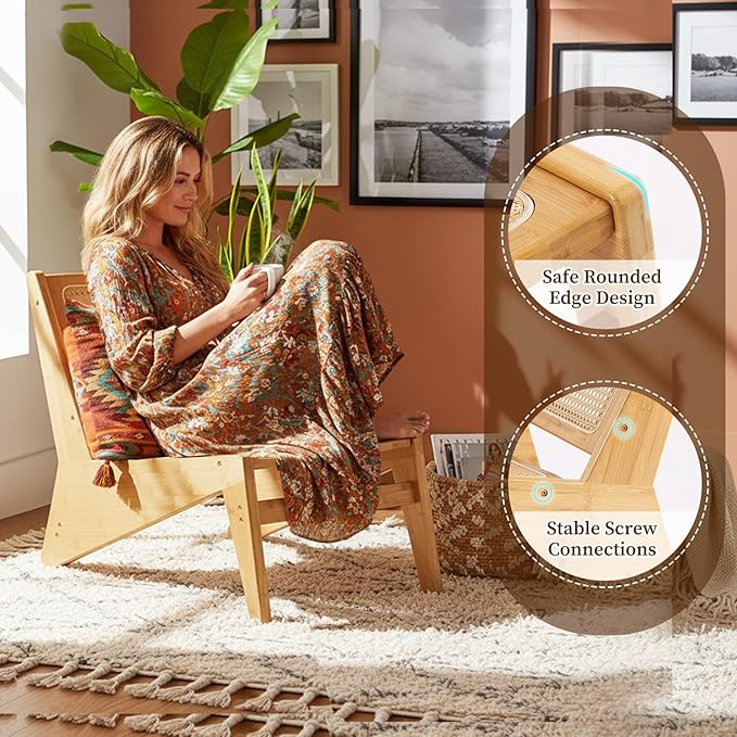 Rattan Chair 2Pcs, Mid Century Modern Accent Chair, Leisurely Reading Chair for Living Room（Wood）