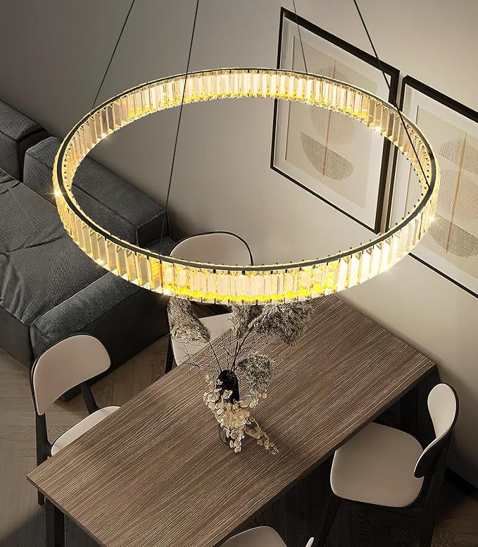 32'' Modern Ring Chandelier Crystal Chandeliers for Dining Room Round LED Dimmable Ceiling Light Fixture for Living Room Bedroom Lighting Black