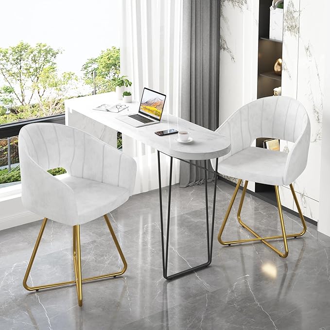 VECELO Velvet Accent Chair Set of 2, Luxury Vanity & Dining Chair with Gold Cross Base, 360°Swivel Upholstered Armchair for Living Room, Bedroom, Home Office, Pearl White