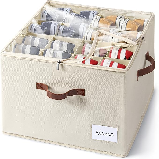 Shoe Organizer for Closet, Fits Up to 16 Pairs, Large Shoe Box Storage Container with Clear Cover, with Adjustable Dividers for Shoe Storage Bins,Space-Saving Shoe Bins (Beige)