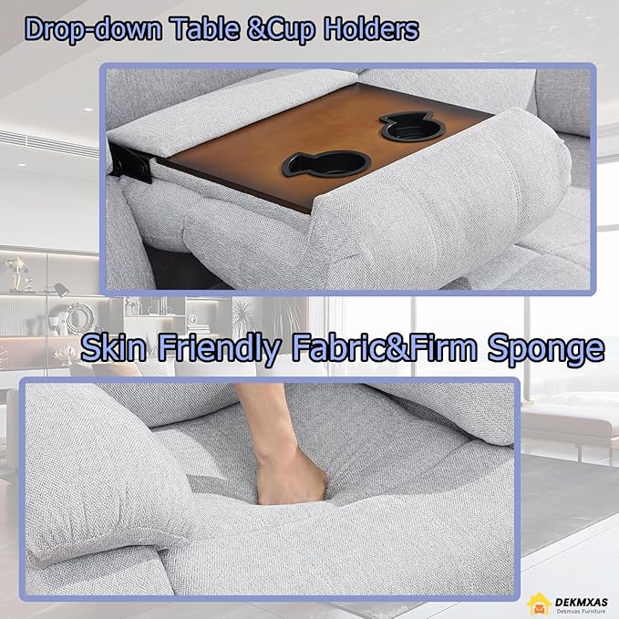 Manual Reclining Sofa Modern Fabric Reclining Sofa Couch in 3 Seats Living Room Couch with Cup Holders & Drop Down Table for Living Room/Office/Rv Car (Grey White, 3 Seater Sofa)