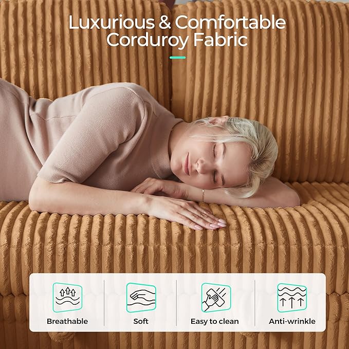 LINSY HOME Sectional Sleeper Sofa with Pull Out Couch Bed - Convertible Plush Corduroy Cloud Couch with Storage Chaise & USB Charging, Comfy Modular Couches for Living Room, Brown