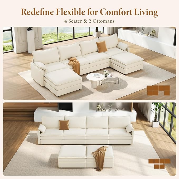 Vesgantti 142" U Shaped Sectional Couch, Comfy Cloud Modular Sectional Sofa with 2 Ottoman Deep Seat Chenille Modern Cloud Sofa, Modular Sofas for Living Room, Bedroom and Apartment, Snow White | Sink-in Comfort, Height Adjustable, Easy Rearrangement, ...