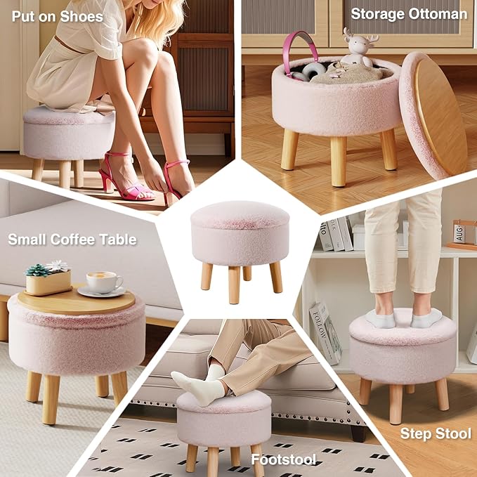 Poofzy Small Ottoman with Storage, Small Foot Stool Ottoman with Wood Legs, Faux Fur Foot Rest for Couch, Living Room and Bedroom - Pink